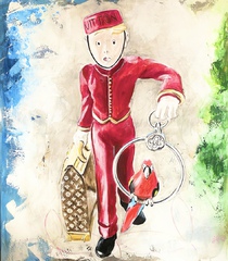 Bellboy Liftboy Hotel Papagei Koffer Louis Vuitton Auftragsmalerei Malerei Kunst München Anja Frackmann Painting