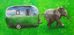 Porträt Elefant mit Wohnwagen grün Blumen Airstream  Auftragsmalerei München Tierportrait Tier malen lassen Anja Frackmann