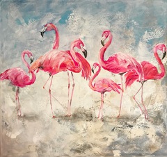 Flamingos in der Gruppe  Auftragsmalerei München Tierportrait Tier malen lassen Anja Frackmann Porträt
